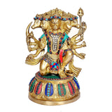 Brass Panchmukhi Hanuman idol, colorful jeweled ornaments, holding staff and mace, full figure.
