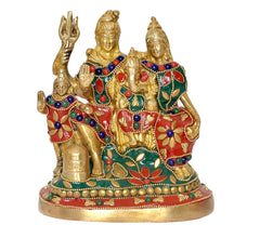 Brass Shiv Parivar family idol, front view, jeweled faces and painted garments
