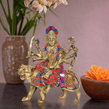 Brass Durga Maa statue riding a lion, multicolor jeweled details, 8 inch temple figurine