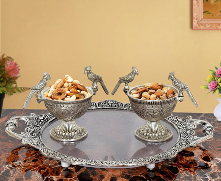 German Silver Parrot Dry Fruit Bowl with Tray Silver Polish (Height: 5 inch)