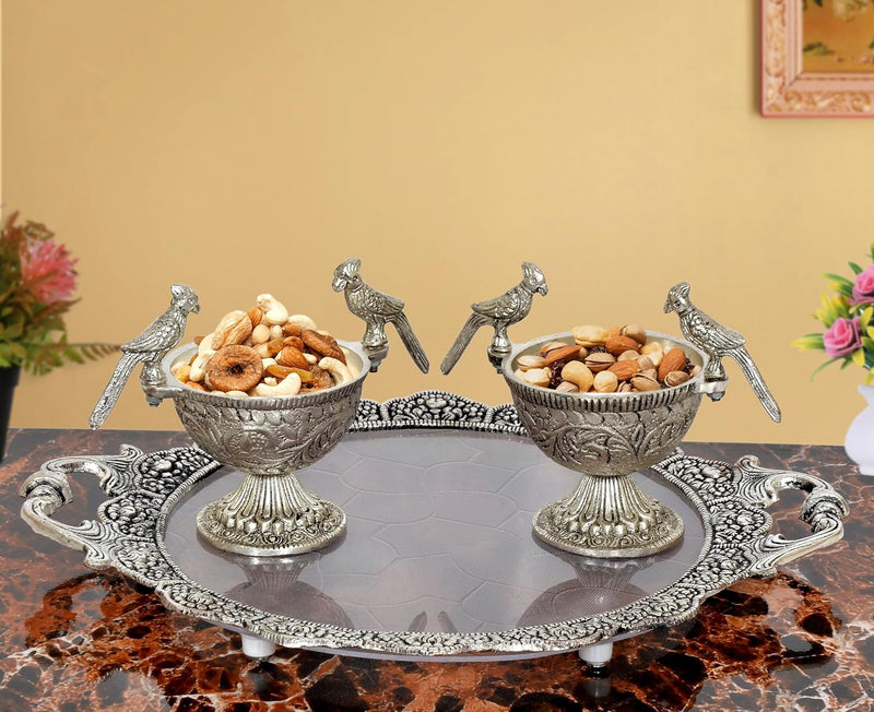 Metal Parrot Dry Fruit Bowl with Tray Silver Polish (Height: 5 inch)