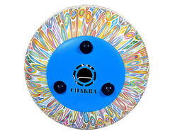 Steel happy drum with blue chakra panel and three black tone knobs