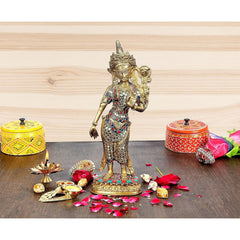 Brass standing Tara Devi idol, painted jeweled attire, raised hand, 11.6 inch