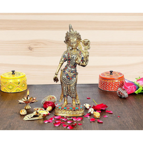 Brass Standing Goddess White Tara Devi Idol Religious Statue with Inlay Work Height 11.6 Inch