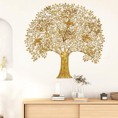 Golden brass Kalpavriksha tree wall hanging with detailed leaves and trunk, full view