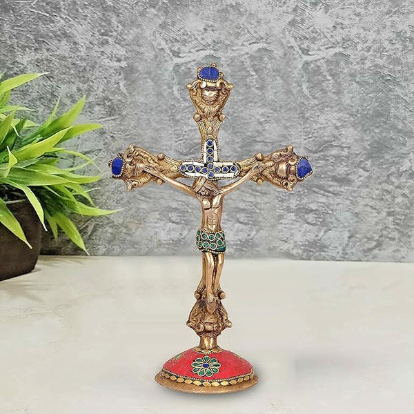 Brass Jesus Cross sculpture (Height: 11.5 inches) Mandir Setting