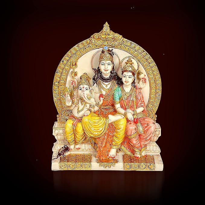 Resin Shiva family idol with Ganesh and Parvati, seated on ornate base