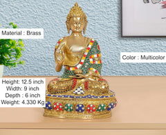Brass Abhaya Mudra Buddha idol, 12.5 in, multicolor jeweled robe, gold tone