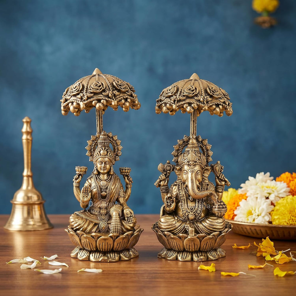 Superfine Brass Lakshmi Ganesh Statue with Decorative Chatri for Home Décor, Pooja and Spiritual Blessings (Height: 4.5 Inch)