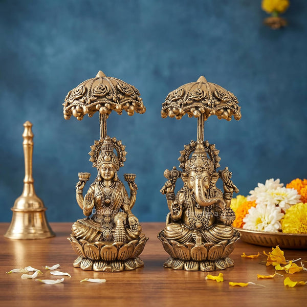 Superfine Brass Lakshmi Ganesh Statue with Decorative Chatri for Home Décor, Pooja and Spiritual Blessings (Height: 4.5 Inch)