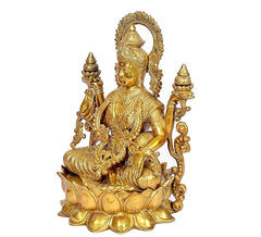 Brass Lakshmi Maa statue side view, four arms with ornate crown and halo