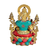 Brass Dhan Lakshmi idol from front, turquoise mosaic torso and gold halo with arms