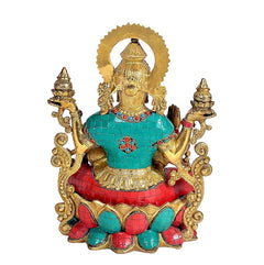 Brass Dhan Lakshmi idol from front, turquoise mosaic torso and gold halo with arms