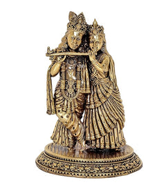 Radha Krishna brass idol, standing pose, intricate jewelry and crowns