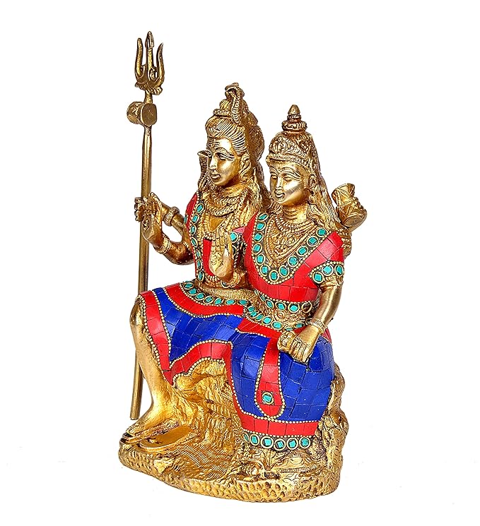 Brass Shiv Parvati Idol Murti Sculpture for Home Office Temple Multicolour Height 9.5 Inches