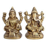 Brass Lakshmi Ganesha idols, seated with hands raised, twin figures, detailed finish