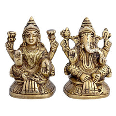 Brass Lakshmi Ganesha idols, seated with hands raised, twin figures, detailed finish