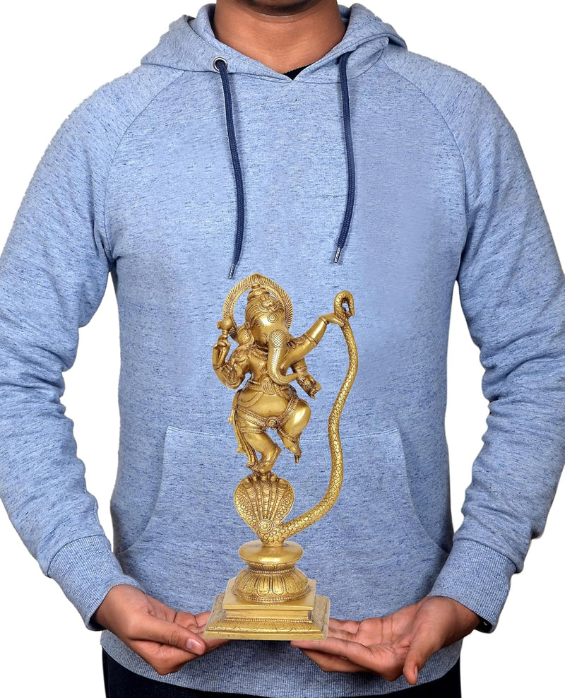 Brass Lord Ganesha Dancing on Serpent Shesha - Hindu Deity Idol for Puja and Gifts (Height 11.5 Inch)