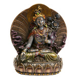 Resin Tara statue front view: crown, flower halo, multicolored robes, lotus pedestal