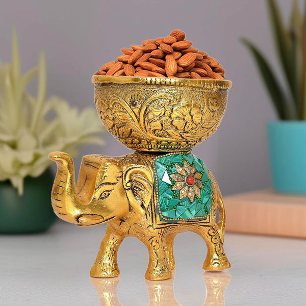 Metal Elephant Dry Fruit Bowl Showpiece Gold Polish for Home Decor Room Table & Gift Diwali,Raksha Bandhan Pack of 1 (Height 5 Inch) (Multicolor Green Stone)