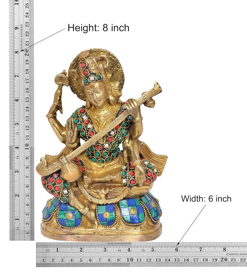 Bronze Maa Saraswati Statue - Handcrafted Hindu Goddess Saraswati Idol for Home Decor and Pooja (Height 8 Inch) (MULTICOLOUR)