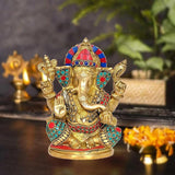 7-inch brass Ganesha statue with colorful jewel details (blue, red, green) for home decor