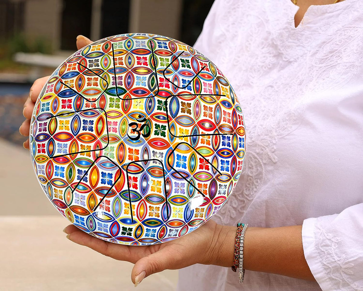Steel happy drum, yellow base with multicolor geometric pattern