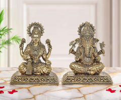 Superfine brass Lakshmi and Ganesh statue, seated figures with ornate details