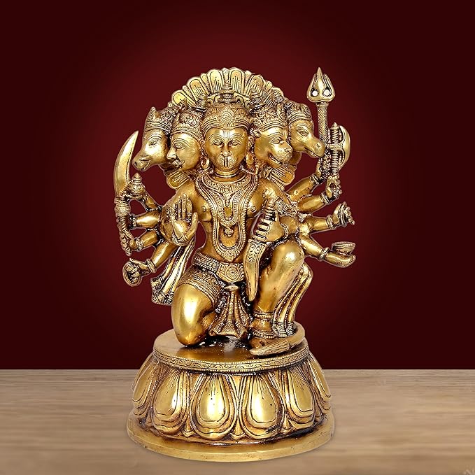 Brass Panchmukhi Hanuman idol, five faces, raised weapons and folded hands, front view