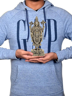 Brass Tirupati Bala Ji idol statue held in hands, ornate crown and four-armed design
