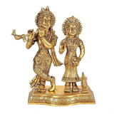 Brass Radha Krishna murti, frontal view with detailed crowns and jewelry