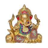 Seated brass Ganesha figurine, jeweled crown and colorful patterned ornaments
