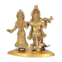 Brass Radha-Krishna statue idol, rear/side view of two figures on round platform base