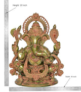 20 inch brass Ganesha sitting idol shown with size measurements, green finish and halo