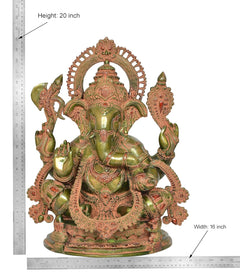 20 inch brass Ganesha sitting idol shown with size measurements, green finish and halo