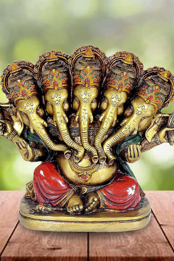 Panchmukhi Lord Ganesha Ganesh Ganpati Idol Statue Murti for Decoration and Pooja Gifting in Resin, Height : 5 inch