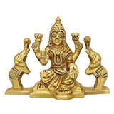 Brass Lakshmi idol with two elephant side figures, hands raised on base