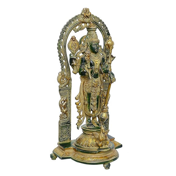 Brass Lord Vishnu with Prabhavali Statue (Height 16.1 Inches) Study Setting