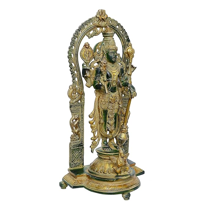 Brass Lord Vishnu with Prabhavali Statue (Height 16.1 Inches)