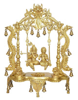 Golden brass Radha Krishna swing idol, seated on swing platform with bells