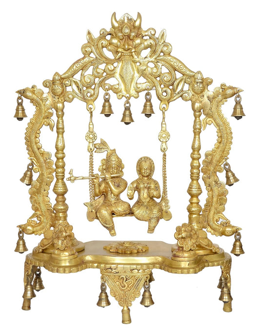 Brass Murlidhar Radha Krishna Murti Statue Idol Playing On Swing Idol Brass Statue, for Home Decor Mandir Pooja Temple (Height 27 Inch) (Golden)