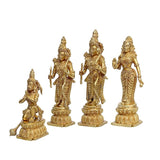 Brass Ram Darbar idol set, four deities in profile with crown details and lotus pedestal, 12-inch