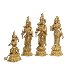 Brass Ram Darbar idol set, four deities in profile with crown details and lotus pedestal, 12-inch
