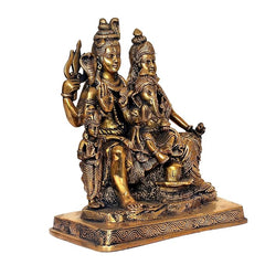 Brass Shiv Parivar statue on base, seated deities with trident and small standing devotee