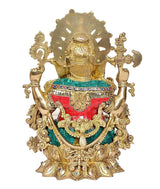 Brass Ganesha statue, back view, patterned head and colorful torso ornaments