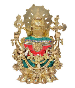 Brass Ganesha statue, back view, patterned head and colorful torso ornaments