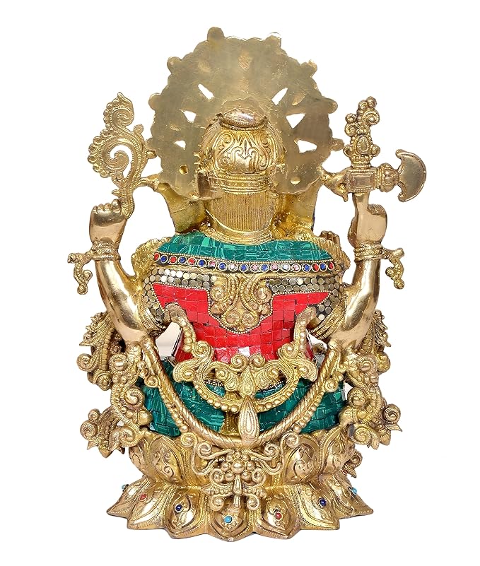 Brass Ganesha Mangalkari Statue Idol On Lotush with Frame and Beautiful Stone Work | Height : 16 Inches