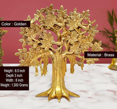 Golden brass Kalpavriksha tree figurine; 8.5 in height, detailed leaf canopy