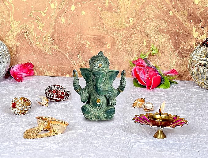 Brass Lord Ganesha Idol Statue Figurine Sculpture for Home Office Temple Puja Green Height