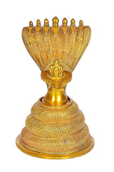Brass seven-headed serpent hood over Shiv linga top, detailed metalwork